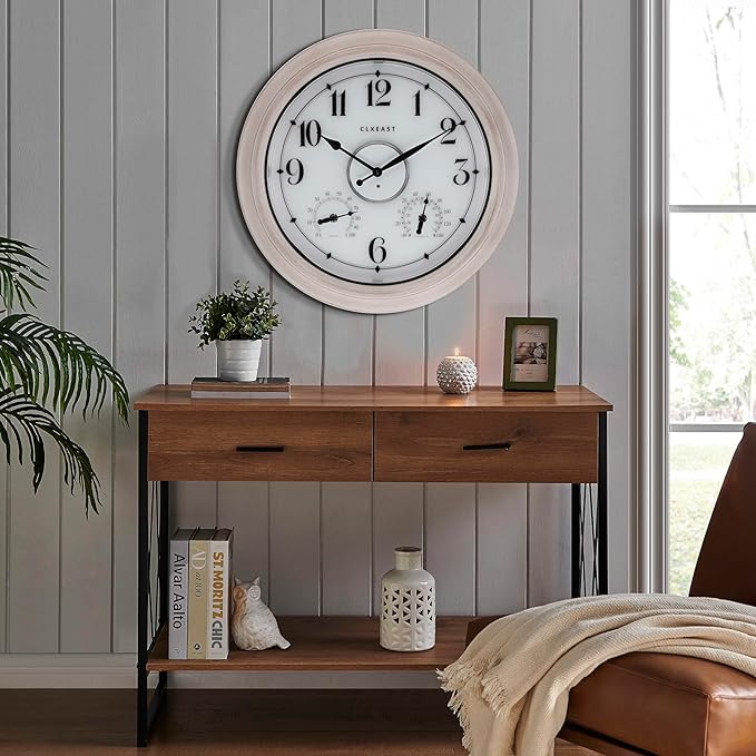 CLXEAST 18 Inch Illuminated Outdoor Clock with AI Smart Sensor, Large Farmhouse Wall Clock with Temperature & Humidity,Weathered White Finish,Unique House Warming Gifts