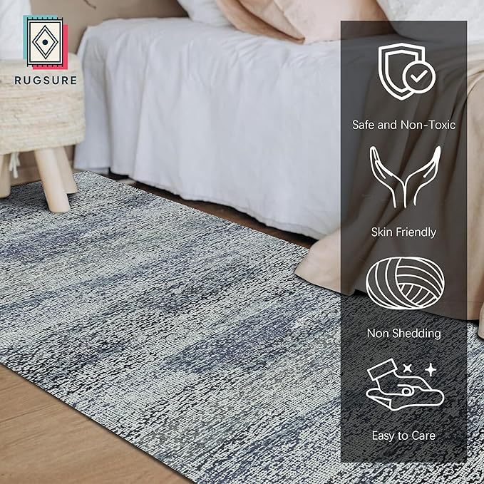 RUGSURE Washable Area Rug - 1/6 Thick - Stain & Water Resistant Non-Slip - Resistant Rug for Living Room, Bedroom, Nursery, Pet & Child Friendly, Vintage Charm Area Rugs (Grey+LightTeal, 2'6'' x 8')
