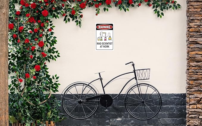 Vintage Tin Sign Retro Metal Funny Warning Mad Scientist At Work Signs for Home Decor Stylish Wall Art Plaques Gift for Bathroom Kitchen and Gothic Wall Decor in Every Room 12x8 in