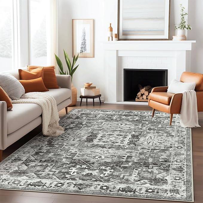 GENIMO Machine Washable 9x12 Area Rugs for Living Room, Non Slip Vintage Rugs, Low Pile Lightweight Chenille Print Rug for Bedroom, Dining Room, Home Office, Deep Gray