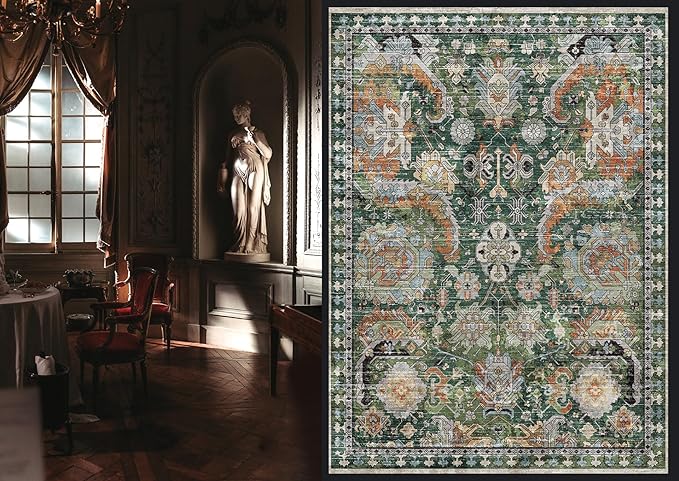 RUGSURE Washable Area Rugs - Perfect for Living Room, Bedroom, Kids Room, Nursery - Stain & Water Resistant Non-Slip, Pet & Child Friendly, Vintage Tribal Area Rugs (Green, 4' x 6')