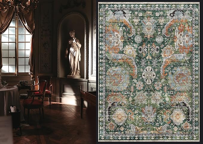 RUGSURE Washable Area Rugs - Perfect for Living Room, Bedroom, Kids Room, Nursery - Stain & Water Resistant Non-Slip, Pet & Child Friendly, Vintage Tribal Area Rugs (Green, 8' x 10')