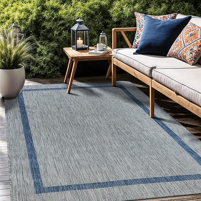 Bordered Outdoor Rug 8x10 Washable Outside Carpet for Indoor Patio Porch Waterproof Easy Cleaning Non Shedding Area Rugs Silver Gray - Blue 8 x 10