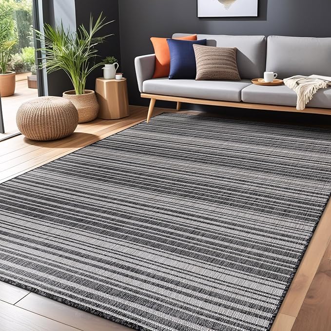 Stripe Outdoor Rug 9x12 Washable Outside Carpet for Indoor Patio Porch Waterproof Easy Cleaning Non Shedding Area Rugs Dark Gray 9 x 12