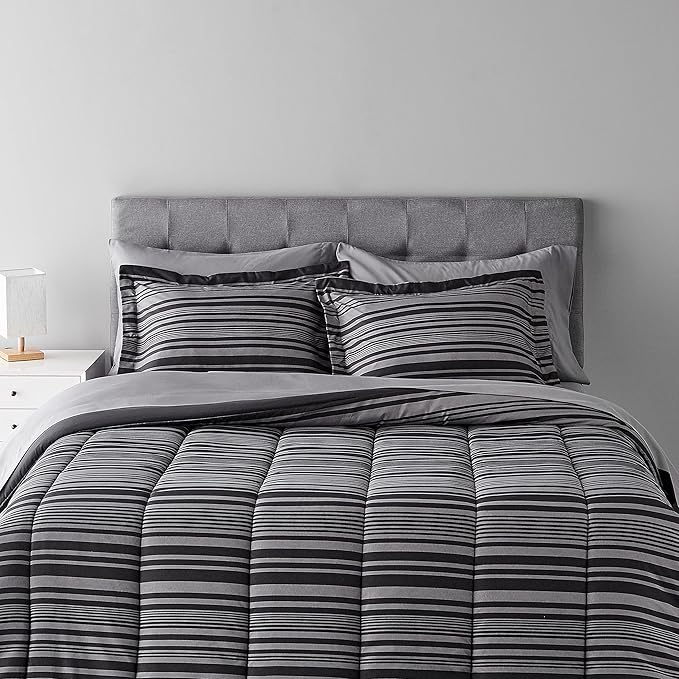 Amazon Basics Full/Queen Comforter Set with Sheets, 7-Piece Gray Calvin Stripe Bedding, Lightweight Microfiber Bed-in-a-Bag, Striped