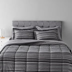 Amazon Basics Full/Queen Comforter Set with Sheets, 7-Piece Gray Calvin Stripe Bedding, Lightweight Microfiber Bed-in-a-Bag, Striped