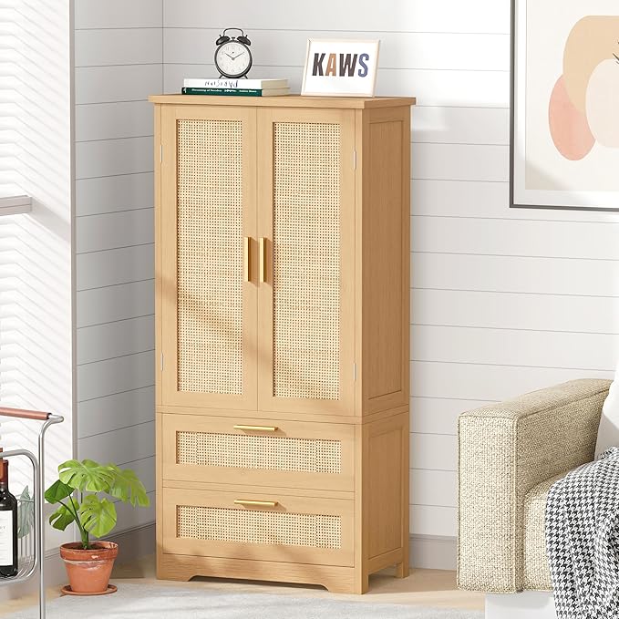 50.4" H Bathroom Storage Cabinet, Modern Floor Cabinet with Adjustable Shelf, Small Pantry with 2 Doors & Drawers, Storage Cabinet for Bathroom, Living Room, Kitchen, Natural KES007MCWG