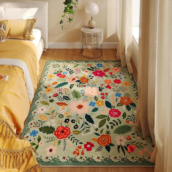 Area Rug 4x6 Rug Washable Boho Rugs Non Slip Low Pile Floral Small Carpet for Bedroom, Bedside, Kids Room, Office, Dining Room(Green)