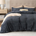 Bedsure Fluffy Duvet Cover Set - Ultra Soft Plush Shaggy Comforter Cover King Size, Warm Flannel Fleece Bed Sets for Winter, 3 Pieces (Striped Pattern, Dark Grey)