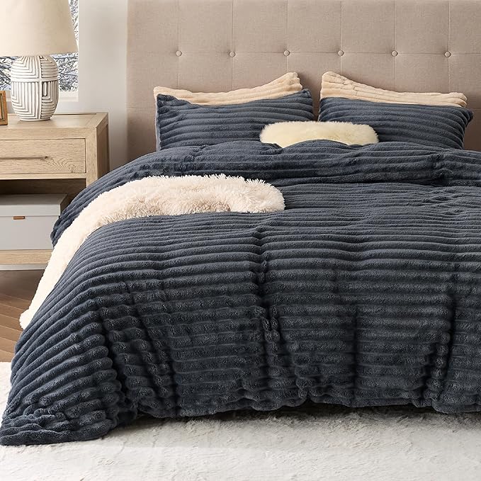 Bedsure Fluffy Duvet Cover Set - Ultra Soft Plush Shaggy Comforter Cover Twin Size, Warm Flannel Fleece Bed Sets for Winter, 2 Pieces (Striped Pattern, Dark Grey)