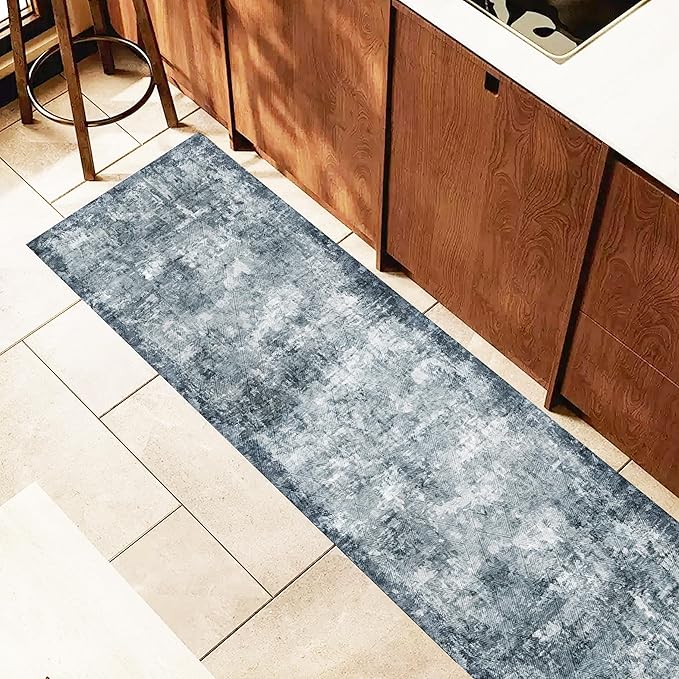 2'6'' x 8' Washable Area Rug - Low Pile Soft Vintage Indoor Rug for Living, Dining or Bedroom - Lightweight Carpet with Non-Slip Backing - Foldable for Easy Placement, Blue