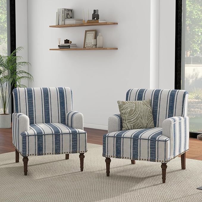 UIXE Stripe Accent Chair Arm Chair, Modern Nailhead Trim Club Armchair with Wood Legs, Comfy Living Room Single Sofa Reading Seat Bedroom Side Seating for Home Office, Dark Blue