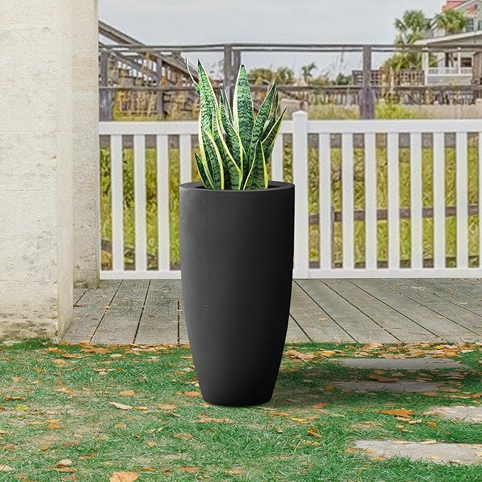 Kante 23.6" H Black Finish Concrete Tall Planters Large Outdoor Indoor Decorative Plant Pots with Drainage Hole and Rubber Plug, Modern Tapered Style for Home and Garden