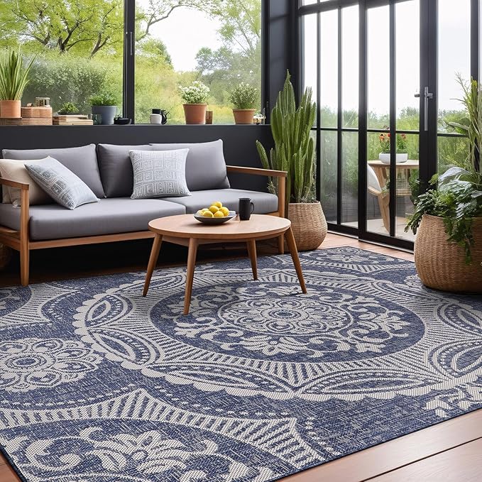 Medallion Outdoor Rug 6x9 Washable Outside Carpet for Indoor Patio Porch Waterproof Easy Cleaning Non Shedding Area Rugs Blue 6 x 9