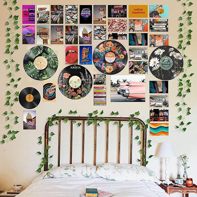 HK Studio Hippie Decor, Posters for Room Aesthetic - Botanical Wall Art, Record Decor, 4pcs 12"