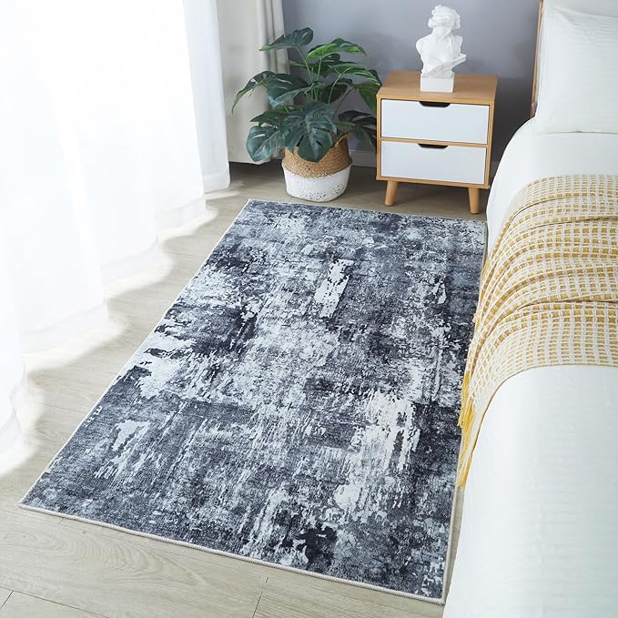 Rugcomf 3x5 Washable Boho Soft Area Rug - Abstract Pattern, Non-Slip, Non-Shedding Faux Wool Vintage Rug for Bedside, Bedroom, Kitchen, Indoor, Grey and Black