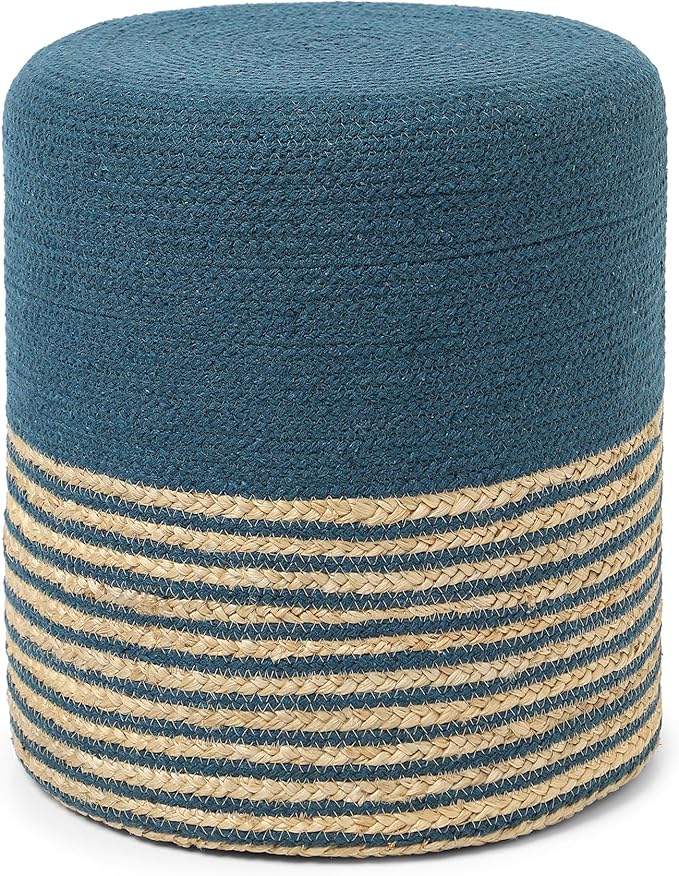 REDEARTH · Cylindrical Pouf Foot Stool Ottoman - Jute Braided Pouffe Poof Accent Sitting Footrest for Living Room, Bedroom, Nursery, Patio, Lounge Set of 2 (Teal Natural, 14.5"x14.5"x16")