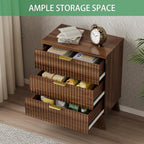 Fluted Nightstand, 24" Wide Side Table with 3 Large Storage Drawers, Mid Century Modern Wood Night Stand with Metal Handle, Wooden Bedside End Table for Bedroom, Living Room, Closet, Walnut