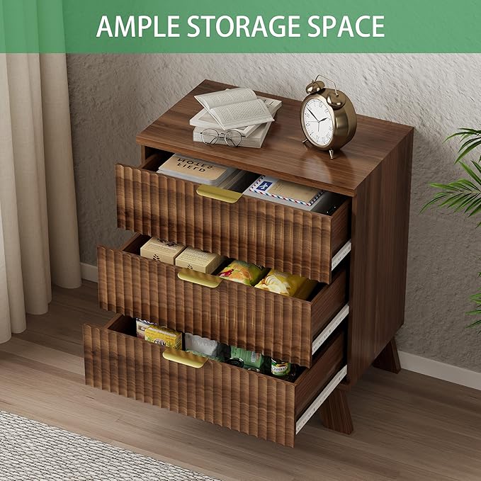 Fluted Nightstand, 24" Wide Side Table with 3 Large Storage Drawers, Mid Century Modern Wood Night Stand with Metal Handle, Wooden Bedside End Table for Bedroom, Living Room, Closet, Walnut