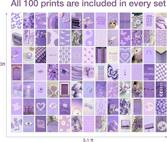 Soft Purple Dreamy Aesthetic Wall Collage Kit – 100 Mystical & Classic Photos, 4"x6" Semi-Gloss Prints for Teen Girls Dorm Room Decor, Elegant Purple Moments, Ideal Gift for Birthday & Graduation