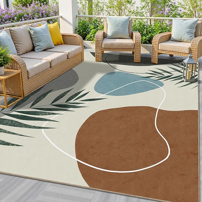 Indoor Outdoor Area Rug, Mid Century Outdoor Patio Rug, Washable Abstract Art Leaves Eucalyptus Rugs, Non-Slip Carpet for Camping, Living Room, Bedroom, Deck(8x10)