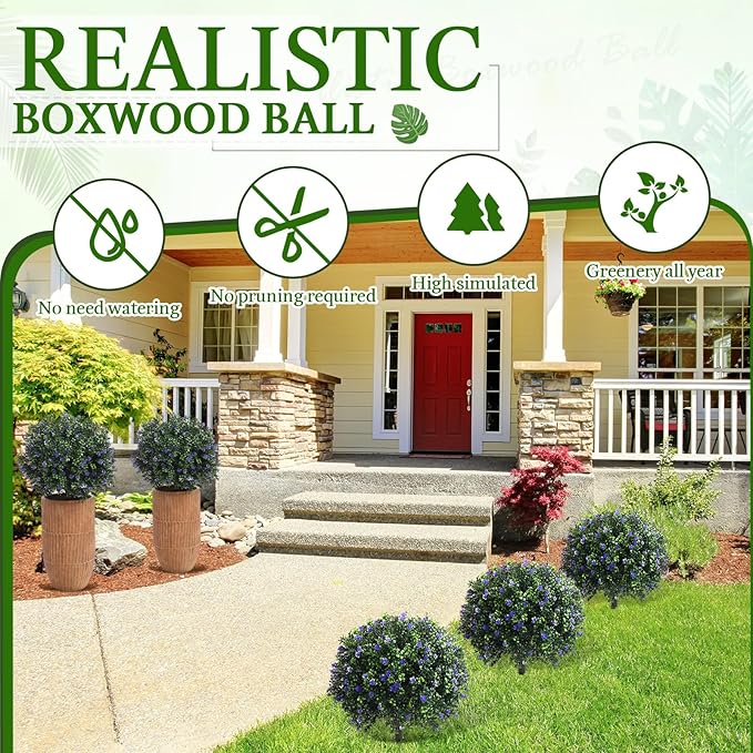 Yunlly Set of 2 Artificial Boxwood Topiary Ball Tree Fake Bushes Shrubs Outdoor Faux Plant with Ground Spike Flowers UV Resistance Greenery for Front Porch Garden Patio Indoor(Purple,27x18inch)