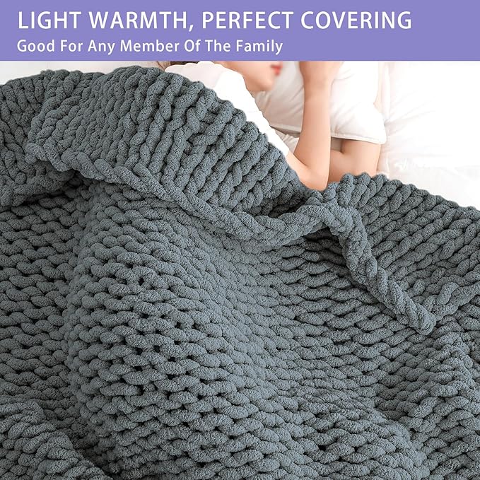 Bigacogo Chunky Knit Throw Blanket for Couch, 40x80 inches, 100% Hand Knitted with Thick Jumbo Chenille Yarn, Cozy Soft Large Rope Knot Cable Crochet Blankets for Sofa Bed Living Room, Iron Gray