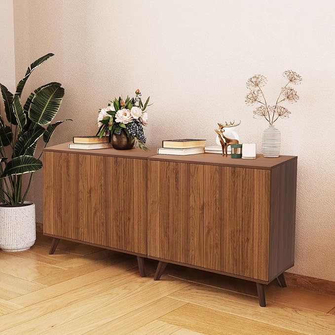 Modern Sideboard Buffet Cabinet Console Table, Accent Storage Cabinet Credenza Buffer Cabinets with 4 Fluted Doors for Kitchen Dining Living Room Entryway (Walnut)