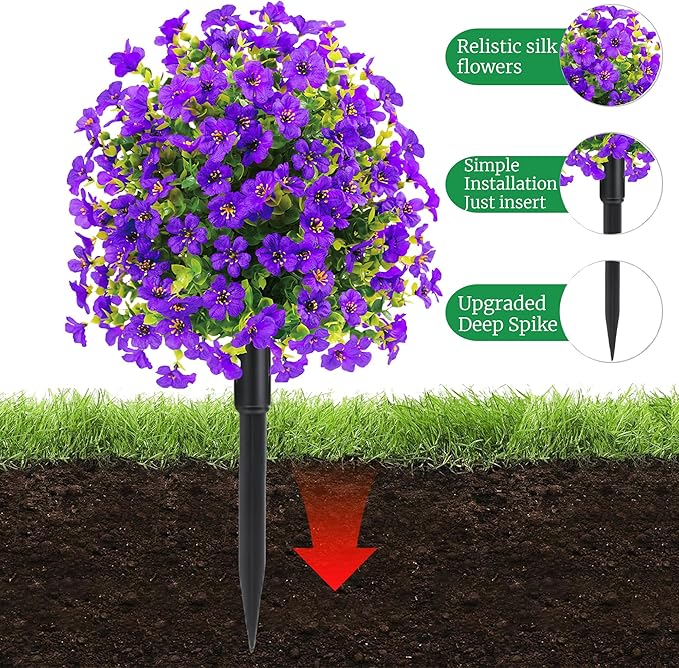 22.8" Set of 2 Fall Artificial Boxwood Topiary Ball Trees with Spikes,UV Resistant Fake Outdoor shrubs with Violet Flowers, Realistic Faux Plants Bushes for Garden Porch Yard Patio Decor(Purple)