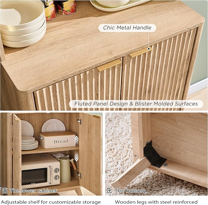 OKD Fluted Kitchen Pantry, 72" Tall Mid Century Modern Storage Cabinet with Adjustable Shelves & Door Organizer, Wood Cabinet for Kitchen, Living Room, Natural Oak