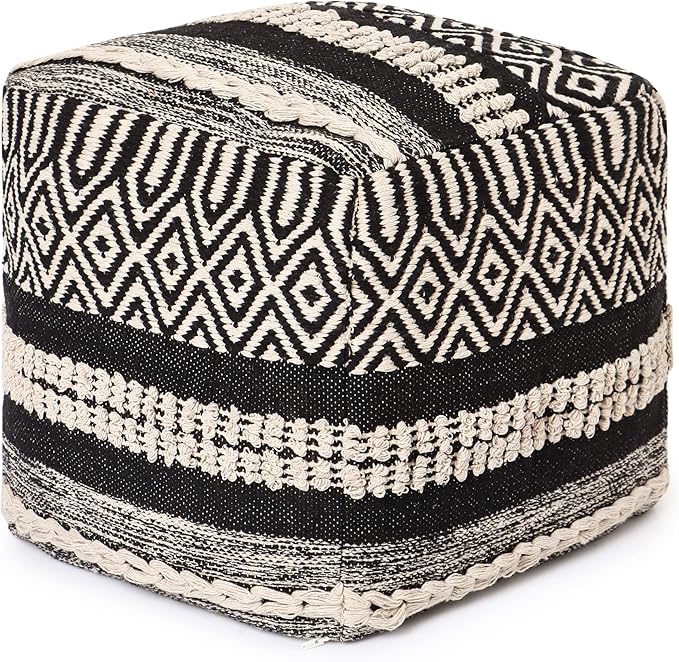 REDEARTH · Tufted Pouf Ottoman with Filler Textured Storage Cube Bean Bag Pouffe Footrest for Living Room, Bedroom, Nursery, Kidsroom; 100% Cotton (17.5"X17.5"X17.5", Char Delineate Black)