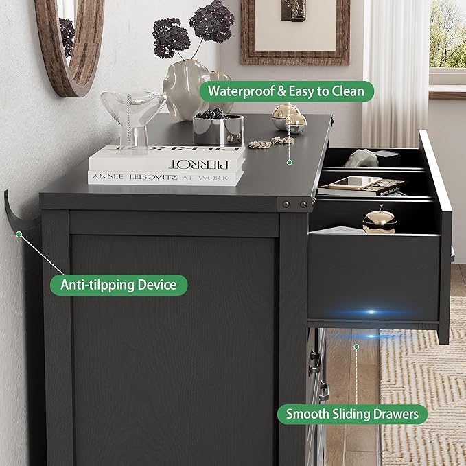 Dresser for Bedroom with 7 Drawers, 48" Wide Modern Chest of Drawers with Deep Drawers & Mental Handle, Wood Dresser TV Stand, Wooden Closet Storage Organizer for Living Room, Hallway, Entryway, Black