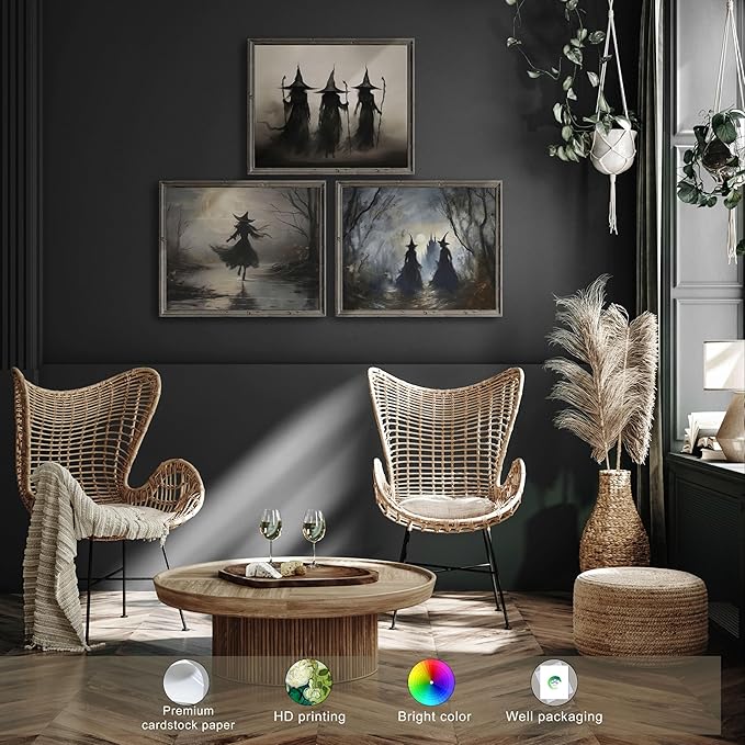 LANCHI95 3 Pcs 8x10in Vintage Rustic Witch Posters Halloween Wall Art Witch in The Forest Painting Prints Goth Dark Moody Wall Decor for Living Room Bedroom 8x10 in (UNFRAMED)