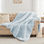 Carriediosa Chunky Knit Throw Blanket 60" X 80" Twin, 100% Hand Made Large Chenille Loop Yarn Soft Fluffy Throws for Couch Sofa Bed, Big Crochet Cozy Heavy Thick Cable Woven Blanket, Light Blue