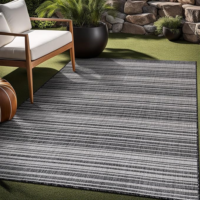 Stripe Outdoor Rug 8x10 Washable Outside Carpet for Indoor Patio Porch Waterproof Easy Cleaning Non Shedding Area Rugs Dark Gray 8 x 10