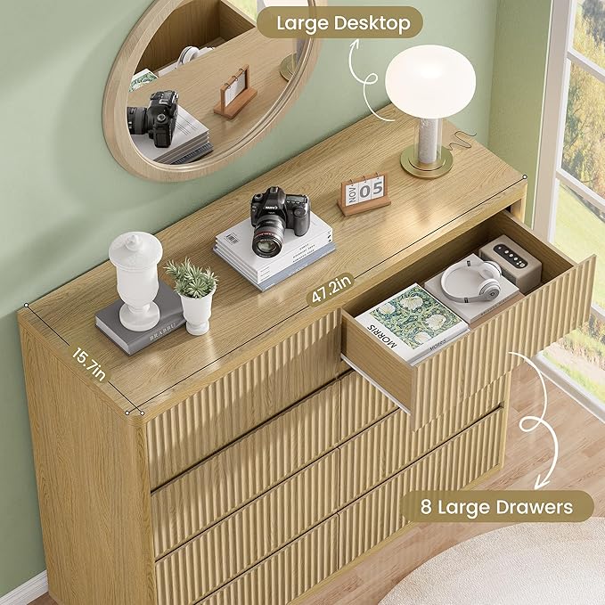 48" Wide Fluted Dresser with 8 Drawers, Modern Chest of Drawers with Deep Drawers, Handleless, Curved Profile, Wooden Storage Organizer for Bedroom, Living Room, Hallway, Natural