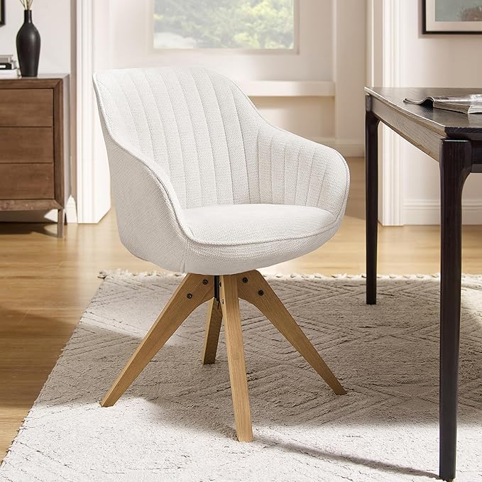 Art Leon Mid Century Modern Swivel Accent Chair - Fabric Upholstered Armchair with Natural Oak Wood Legs, Desk Chair No Wheels, Off White