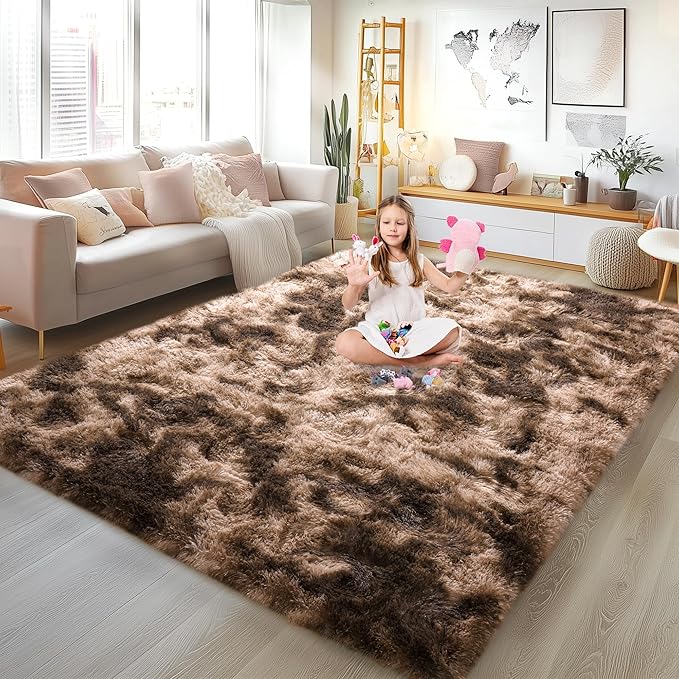 9x12 Large Area Rugs for Living Room, Ultra Fluffy Plush Rug for Living Room Bedroom, Thick Fluffy Carpet for Girls Boys Kids Room, Non Slip Dorm Rug for Home Decor Aesthetic, Tie-Dyed Coffee