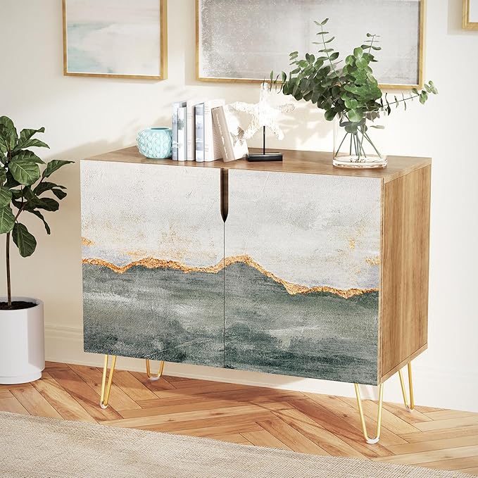 SIGNWIN Sideboard Buffet Cabinet, Kitchen Storage Cabinet with 2 Doors, Gold Gray Color Block Collage, Cupboard Console Table for Dining Room - 35" L x 18" W x 29" H