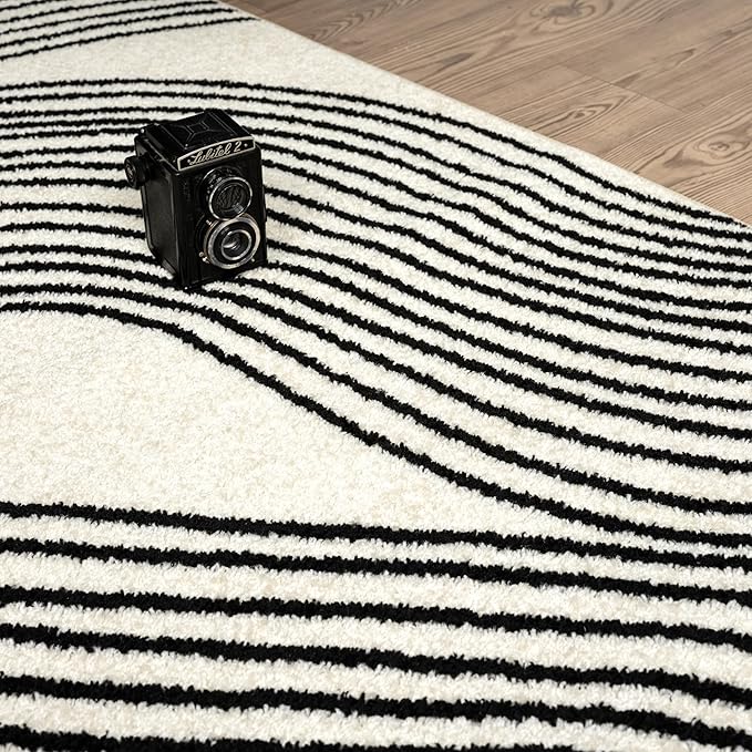 Abani Nuevo Beige Black Swirls Modern Area Rug 3' x 6' for Living Room, Bedroom - Abstract Design - Durable & Easy to Clean