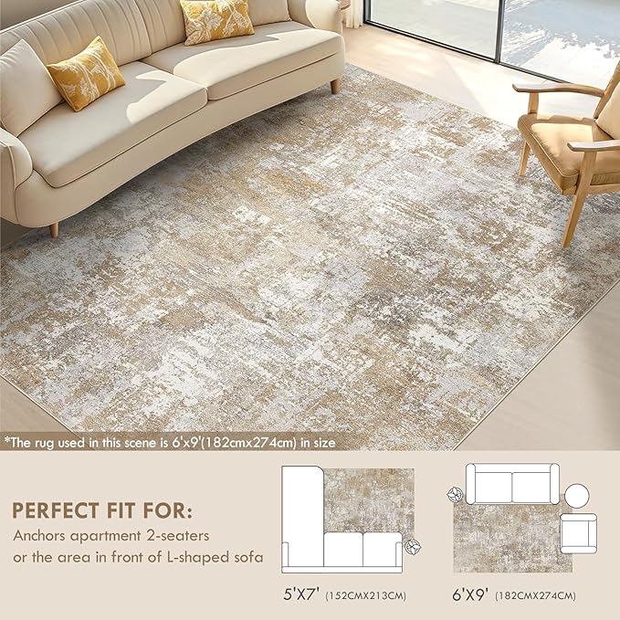 Tortania Washable 5x7 Area Rug for Living Room: Modern Abstract Neutral Large Soft Thin Rugs - Non Slip Indoor Carpet for Bedroom Dining Room Office Nursery Home Floor Decoration - Brown Grey
