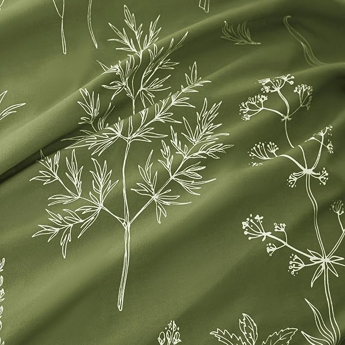 Love's cabin Olive Green Full Comforter Set - Full Size Comforter Set, 3 Pieces Cute Floral Bedding Sets for All Seasons,1 Soft Reversible Botanical Flowers Comforter and 2 Pillow Shams