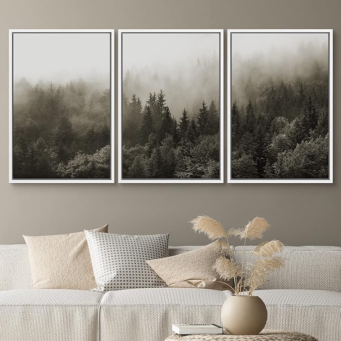 SIGNWIN Framed Canvas Print Wall Art Woodland Nursery Decor Set Fog & Mist Over Blue Pine Tree Forest Nature Modern Art Rustic Landscape Colorful for Living Room, Bedroom, Office - 24"x36"x3 White