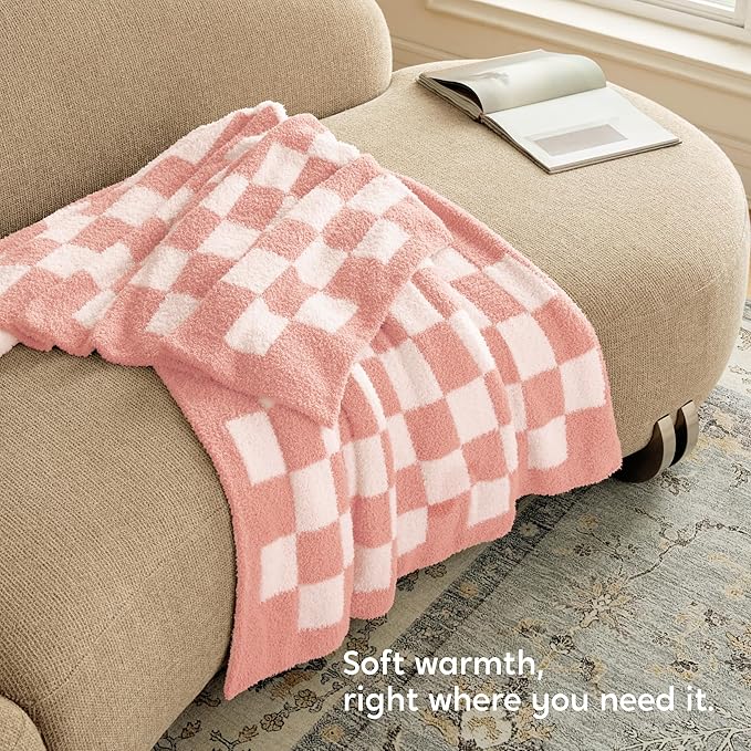 Joiedomi Throw Blanket for Couch, Pink White Checkered Knitted Blankets Gifts for Women Mom Girls, Cozy Cute Soft Throw Home Room Decor Aesthetic Women Mothers Birthday Gifts 50x70 Inches