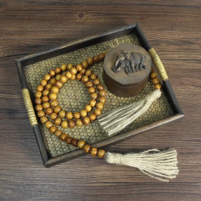CVHOMEDECO. Wood Grain Beads Garland with Tassels Farmhouse Rustic Wooden Prayer Bead String Wall Hanging Accent for Home Festival Decor. Tan