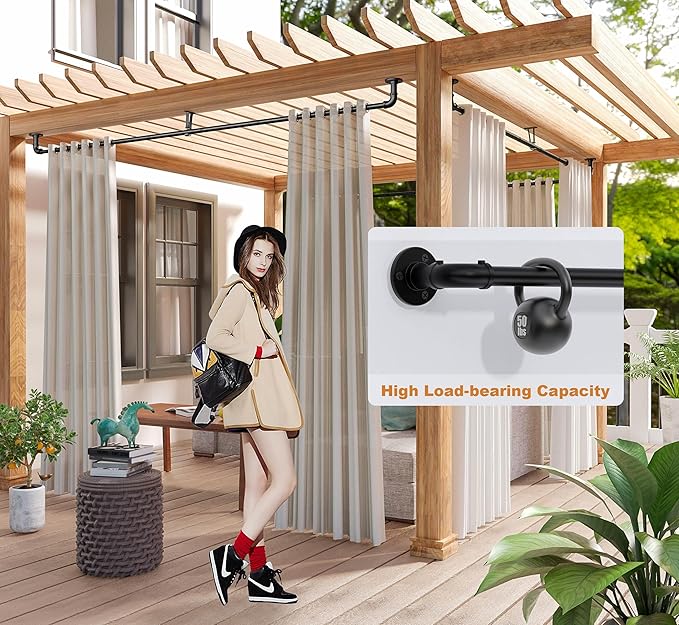 Curtain Rods for Windows 66 to 120, Black Adjustable Curtain Rod, Wrap Around Blackout Curtain Rod, Heavy Duty Industrial Curtain Rods, 1 Inch Outdoor/Indoor Drapery Rods 66-120"