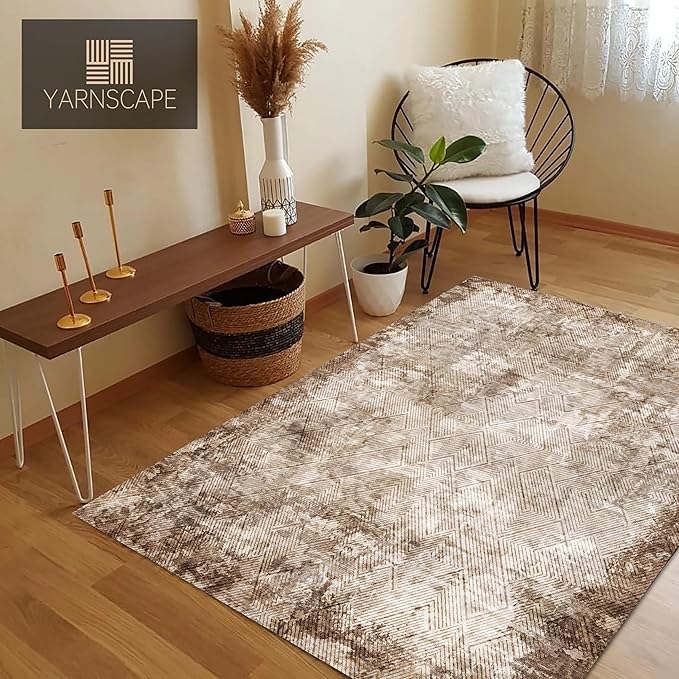 8' x 10' Washable Area Rug - Low Pile Soft Vintage Indoor Rug for Living, Dining or Bedroom - Lightweight Carpet with Non-Slip Backing - Foldable for Easy Placement, Brown