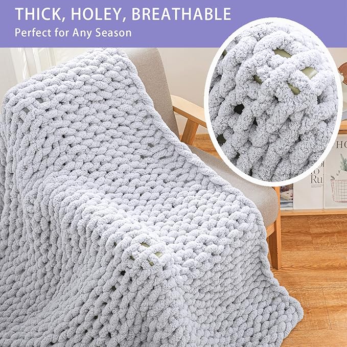Bigacogo Chunky Knit Throw Blanket for Couch, 40x60 inches, 100% Hand Knitted with Thick Jumbo Chenille Yarn, Cozy Soft Large Rope Knot Cable Crochet Blankets for Sofa Bed Living Room, Light Grey