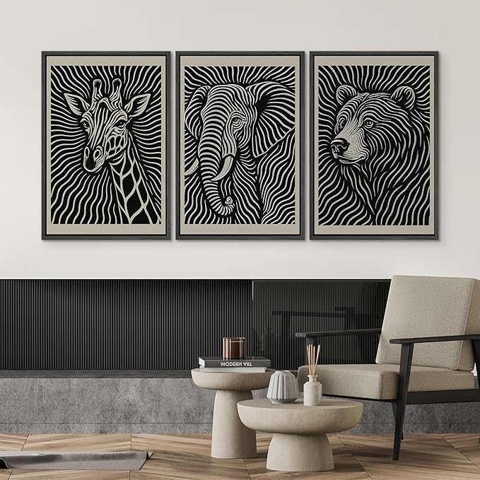 SIGNWIN Framed Canvas Print Wall Art Wildlife Portrait Giraffe, Elephant, and Bear Photography Modern Art Minimalist Black and White for Living Room, Bedroom, Office - 16"x24"x3 Black