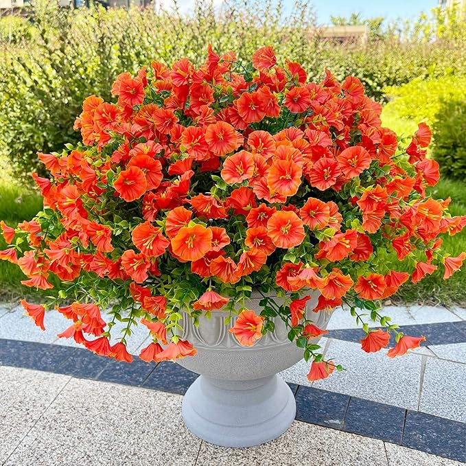 Artificial Flowers for Outdoor Decoration,16 Bundles Fake Silk Realistic Orange Morning Glory UV Resistant Faux Plastic Plants for Planter Porch Patio Yard Balcony(Orange Red)
